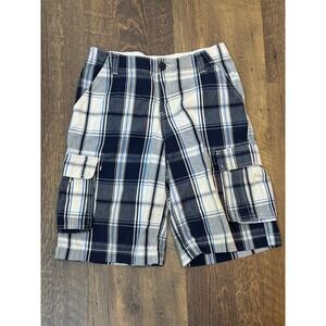 Falls Creek Plaid Cargo Shorts Boys 16 Navy Blue White Cotton Utility Preppy